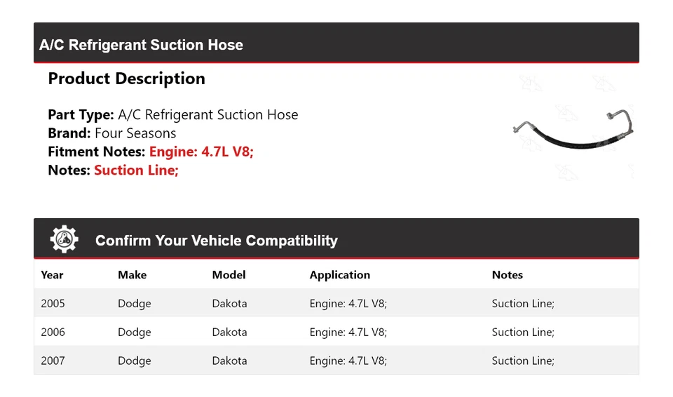 Manguera de succión de refrigerante aire acondicionado V8 4 estaciones 2006 Dodge Dakota 2005-2007 4,7 L Foto 2 de 4