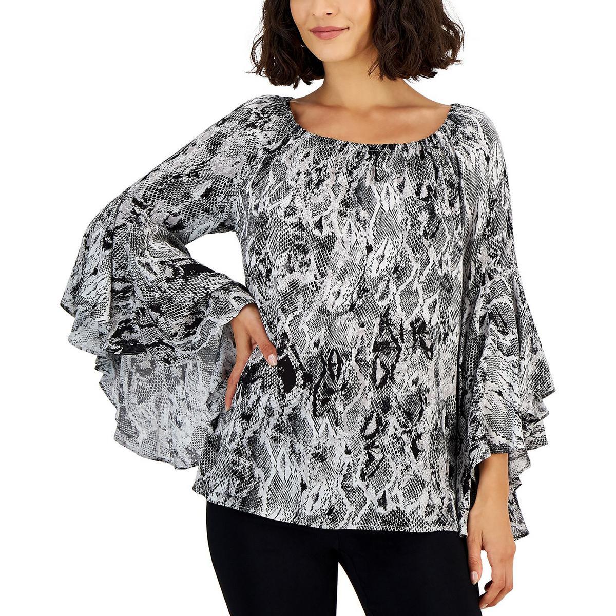 Fever Womens Black Animal Print Boat Neck Pullover Top Blouse XS BHFO 5759