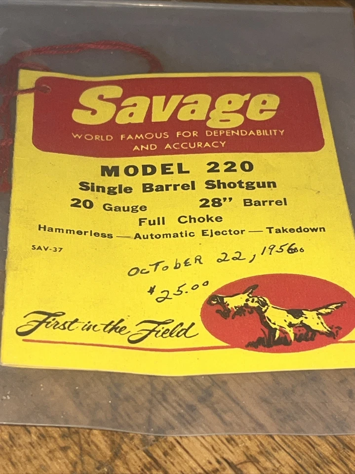 Etiqueta colgante original vintage 1956 modelo Savage 220 calibre 20 Foto 2 de 4