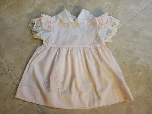 Pair Vintage 70s Little Girls Two Toddler Pink Dresses Plaid Embroidered Ruffle - Picture 6 of 11