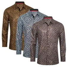 Mens Shirt Italian Stripe Floral Prints Gold Overlay Stretch Slim Fit Button Up