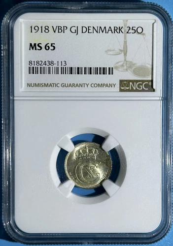 Denmark 1918 25 Ore Silver Coin High Grade ChBU NGC MS65 Last Year Issue # 815.1