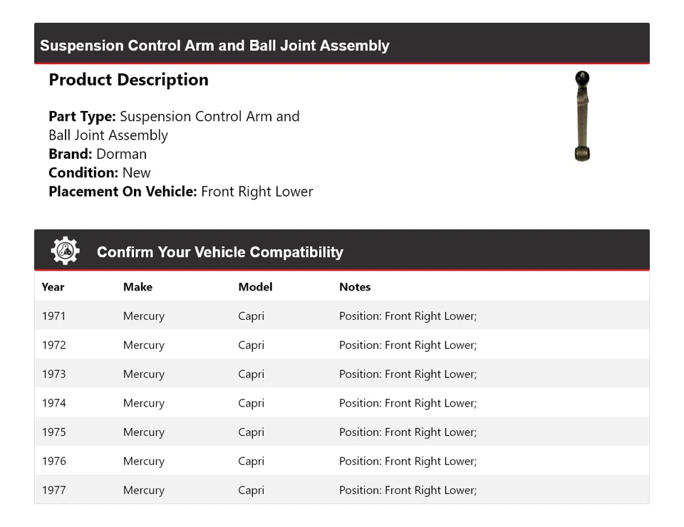 Conjunto de rótula brazo de control Mercury Capri Dorman 1971-1977 1972 19 Foto 2 de 4