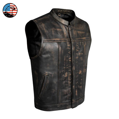 Men's Distressed Brown Leather Biker Vest Motorcycle Club Waistcoat Gun Pockets