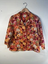 CJ Banks Jacket Womens L Floral Linen Cotton Button Orange Pink 3/4 Sleeve