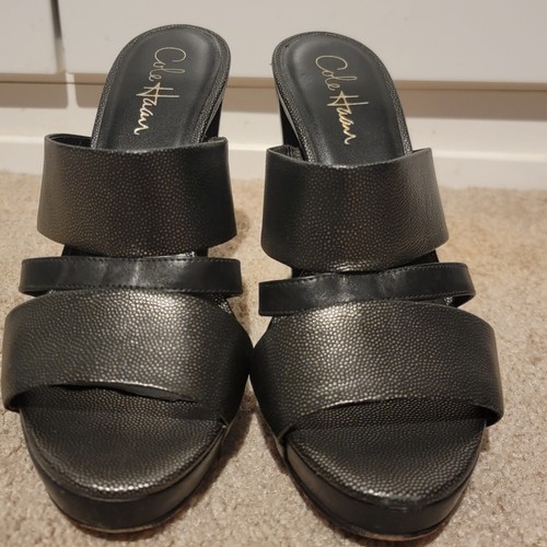 Cole Haan Platform Heels Mules Sandals Black Leather Size 7 - Picture 4 of 8