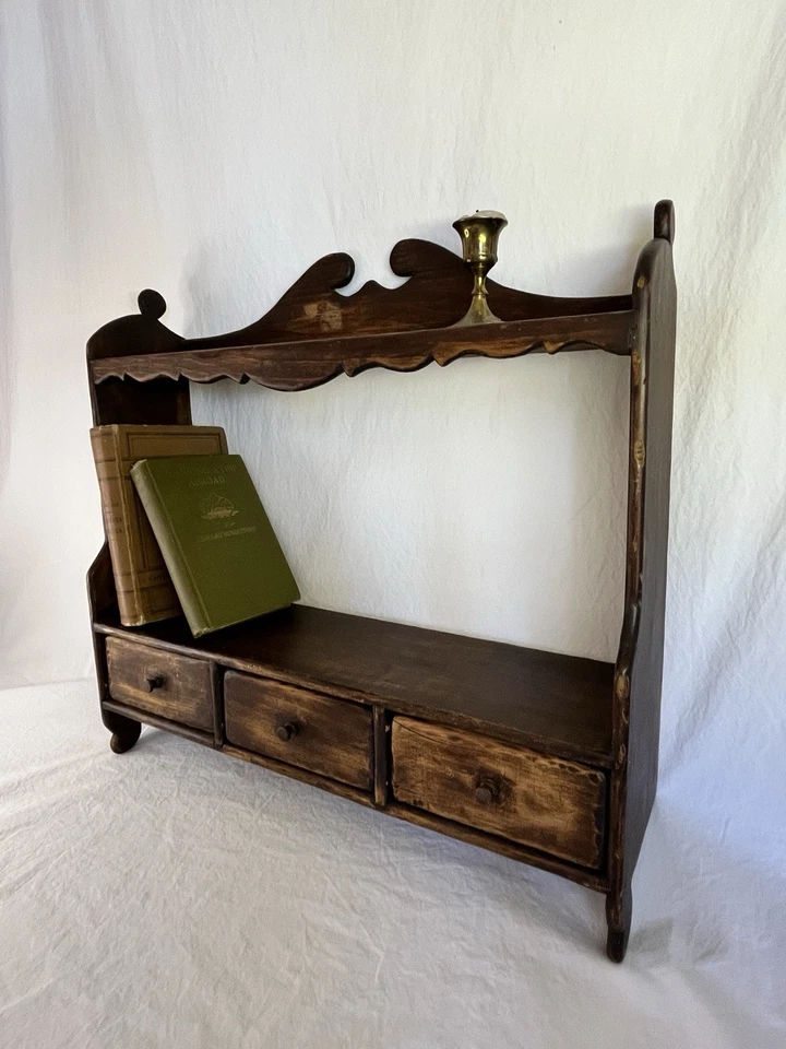 Estante de madera rústico vintage con cajones montaje en pared casa de campo cottagecore Foto 3 de 4