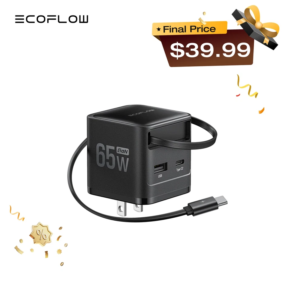 EcoFlow 65W USB-C Charger with Retractable Cable 3-in-1 Fast Charger Compatible