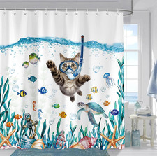 Funny Cat Shower Curtain, Teal Blue Sea Ocean Submarine Animal Octopus Starfish