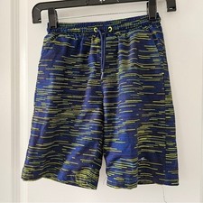Eddie Bauer Kids Swim Shorts S 7/8 Blue Yellow Striped Elastic Waist Drawstring