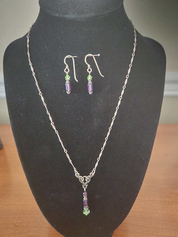 For The Journey Necklace and Earrings Set Silver with Purple and Green Stones