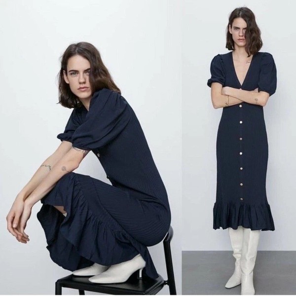 S Zara Navy Stretch Rib Midi Dress As New *5 + ITEMS = FREE POST