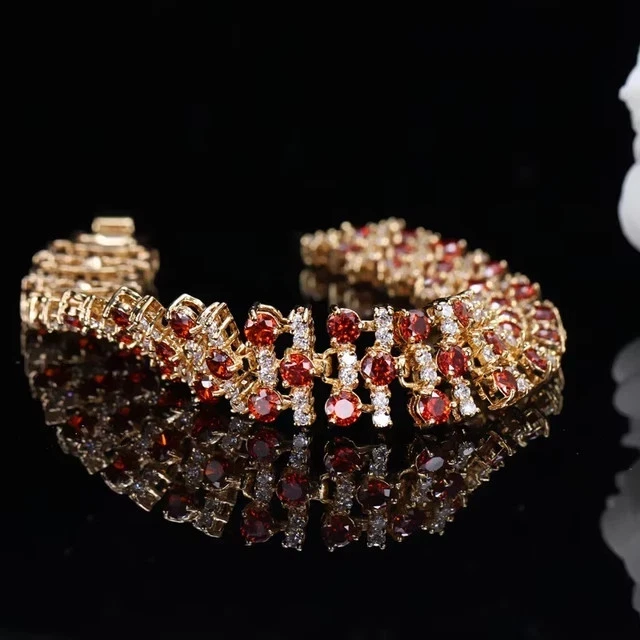 16Ctw Round Lab Created Red Ruby 2 Row Cluster Bracelet 14K Yellow Gold Plated - Image 2 of 4