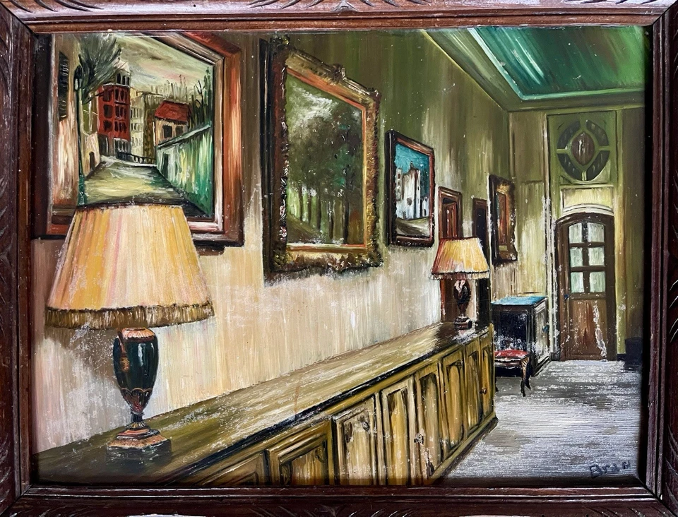 Ancien tableau scène d’intérieur portrait maison atelier peinture art moderne XX - Photo 2/4