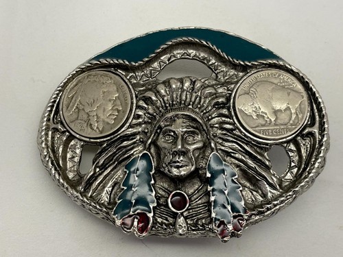 *VINTAGE 1928 BUFFALO NICKEL BELT BUCKLE ENAMELED #A187