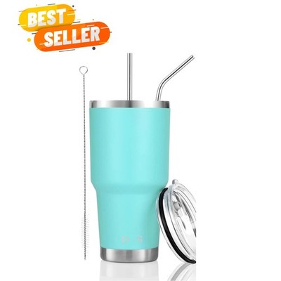 Double Wall 30oz Mint Travel Mug - Includes Straw & Cleaning Brush for Drinks
