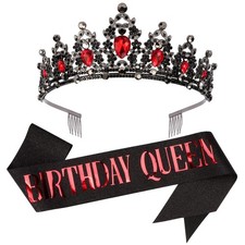 CAVETEE Red Black Birthday Crown and Sash for Women 2 Piece Set,