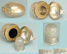 Antique Brass Egg/ Pin Cushion & Thimble Case * 1893 Sterling Silver Thimble