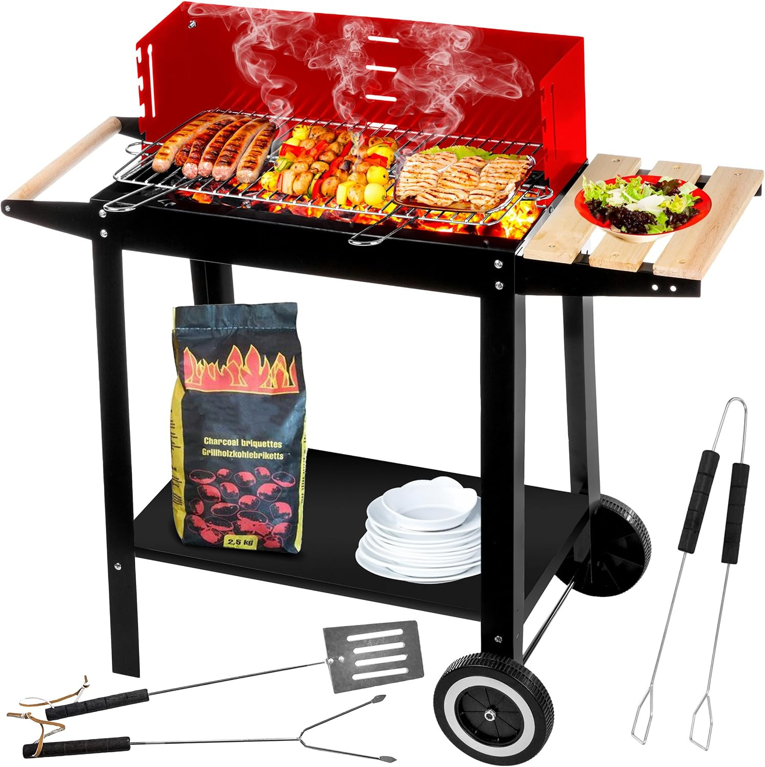 Barbecue a Carbone Portatile – Griglia Cromata 50 X 26,5 Cm a 4 Altezze – Ruote 