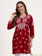 Maroon Modal Chikankari Short Kurta, Hand-Embroidered Short Kurti Top For Women