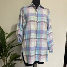 Liz Claiborne Spring Top S Pastel Plaid Linen Button Up Roll Tab Tunic Easter