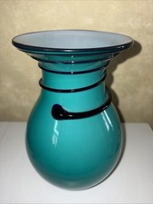 Teal Art Glass Vase With Blue Swirl Thread HAND BLOWN GLASS 8"