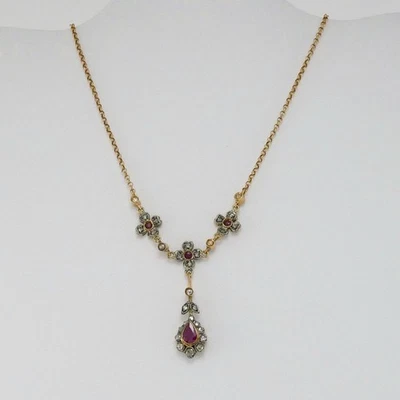 Halskette im antiken Stil, Diamanten Rosettaschliff, Rubine, 14k rose Gold, Silb - Bild 1 von 4