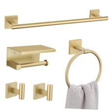 Bathroom Hardware Set Towel Holder Set Wall 5 Pieces - With Shelf Brushed Gold