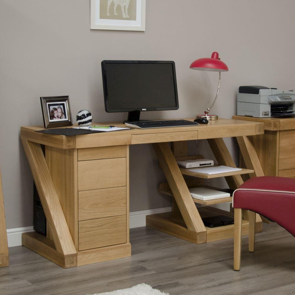 Solid Oak Large Computer Desk, Z Oak Lacquer Finish Office Furniture New