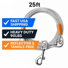 25ft Dog Tie Out Cable Heavy Duty Reflective Pet Lead 90lbs Tangle-Free Runner