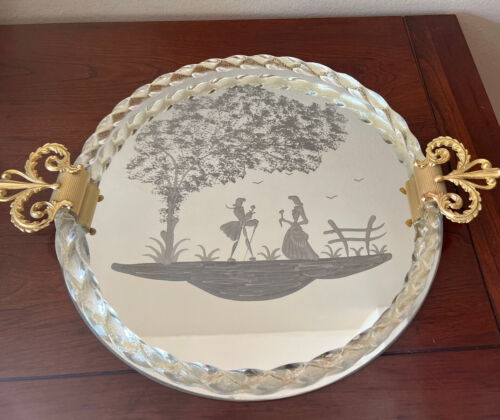 MCM Barovier Regency Etched Mirror Murano Venetian Glass Gold Italian Tray 18x13 - Picture 2 of 10