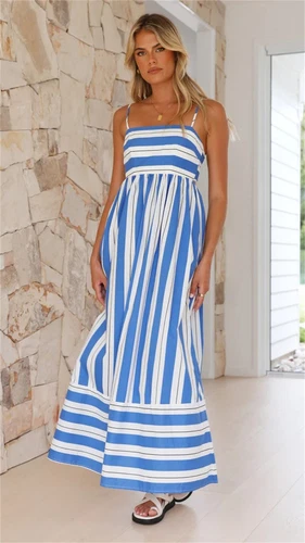 Women's Casual Basic Spaghetti Strap Maxi Dress Sleeveless Summer Strips Dresses - Picture 15 of 31