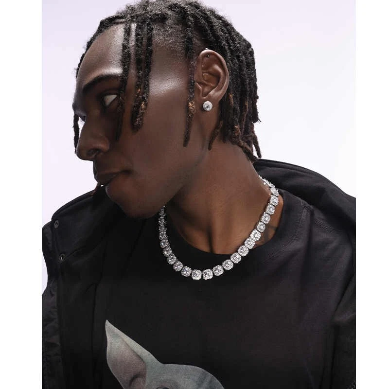 VVS Cadena de Eslabones Cubanos Moissanita Oro Blanco 18K Diamante Completo Cubo de Hielo Colgante 12mm Foto 3 de 4