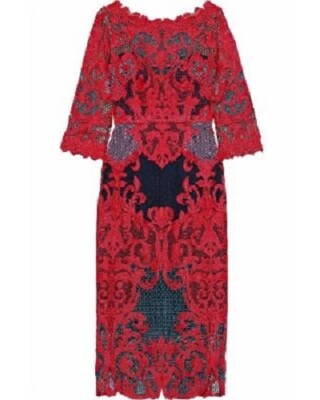 marchesa notte red floral lace dress Marchesa Notte Strapless A-Line Lace Midi Dress