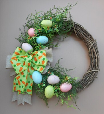 15'' Easter Eggs Greenery Carrot Bow Grapevine door Wreath