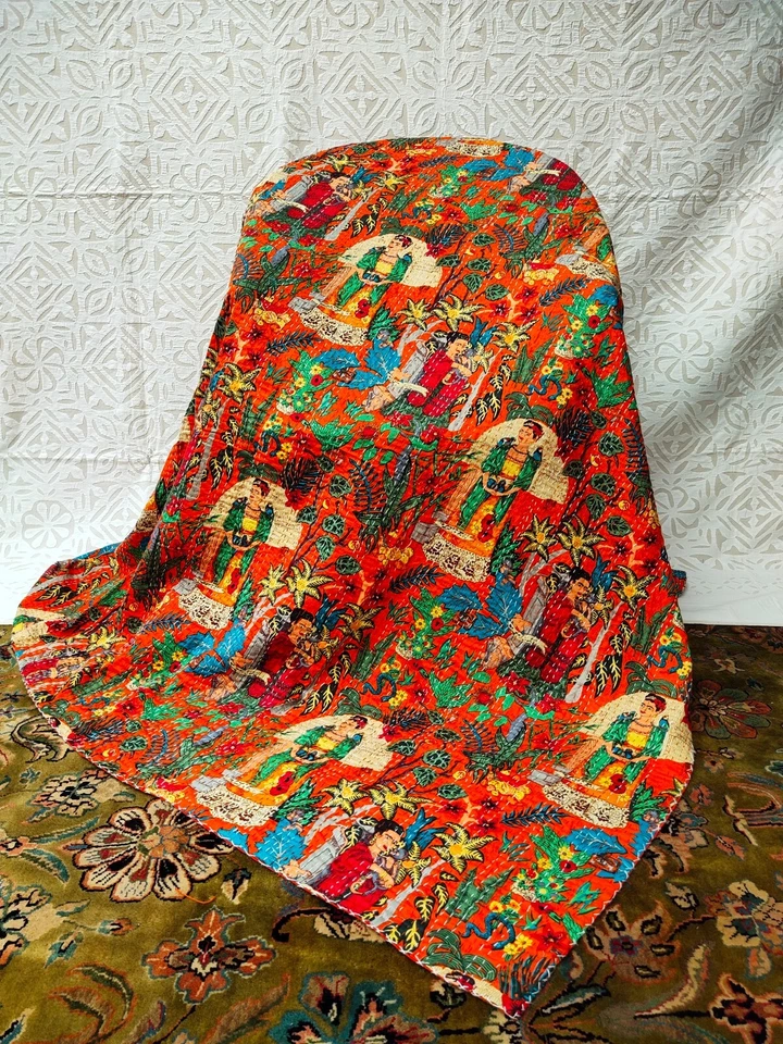 Funda Cama Diseño Naturaleza Pintada a Mano Color Amarillo Cómoda Punto Kantha Foto 4 de 4