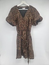 Womens Nine West Cheetah Print Puff Sleeve Dress Pockets Size M