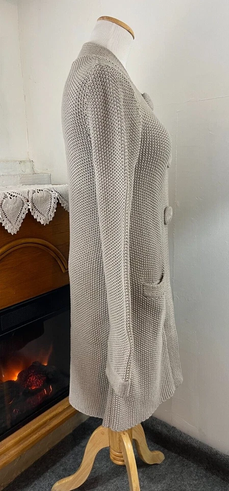 Boden 100% 棉长款开衫灰褐色粗针织掸子毛衣 Lg 纽扣 US/6 — 第 3/4 张图片