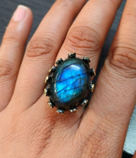 Natural Oval Cabochon Labradorite Gemstone Ring Peridot Sterling Silver Jewelry