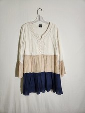 Cal Style Block Print Crochet Trim Dress Size M Ruffles Tiered Peplum Hem Boho
