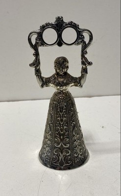 Vintage Lady Figurine Dinner Bell Silver Toned Metal Japan 5 Inch Decorative