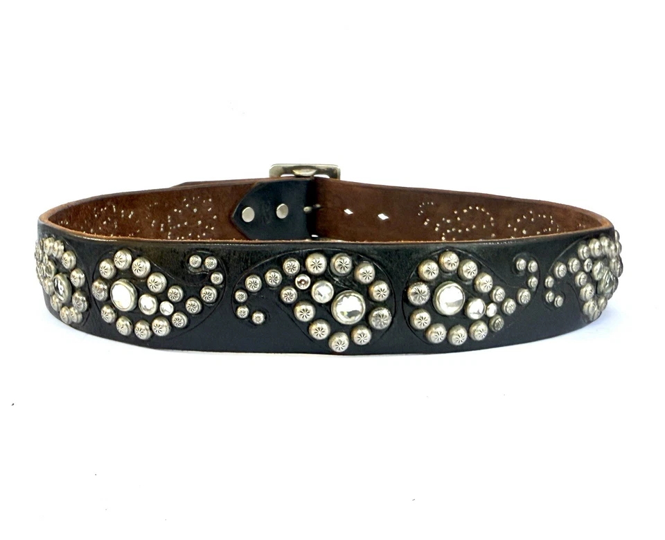 Cinturón de cuero Joed negro vintage, latón y cristales checos vintage. 32 S MEDIANO Foto 2 de 4