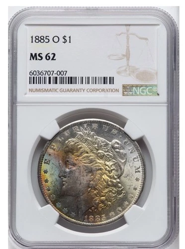 1885 O Morgan Silver Dollar NGC MS 62 Rainbow Toned Eye Candy Awesome Contrast!
