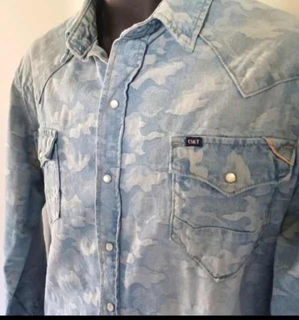 Cult of Individuality Clint Western Blue Denim Shirt Long Sleeve Pearl Snap Camo - Image 3 of 4