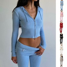 Womens 2 Piece Tracksuit Zip Up Hoodie High Waist Sports Pants Set S-L