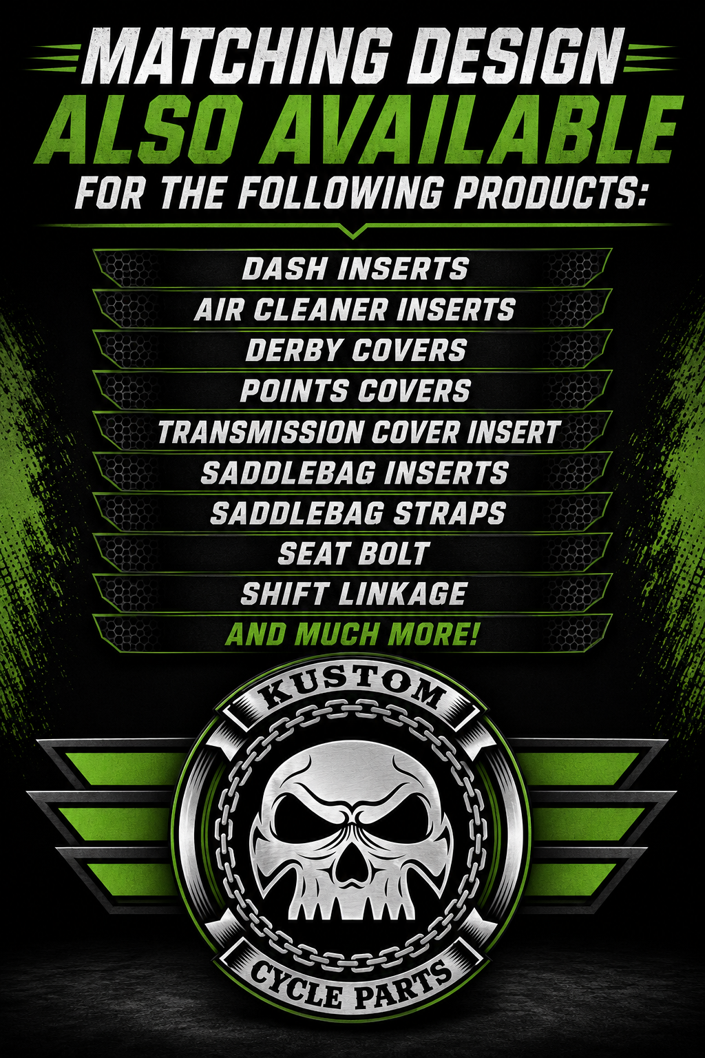 Black Harley M8-branded box with “Matching Design Also Available” text, followed by green and black Kustom Cycle Parts logo.