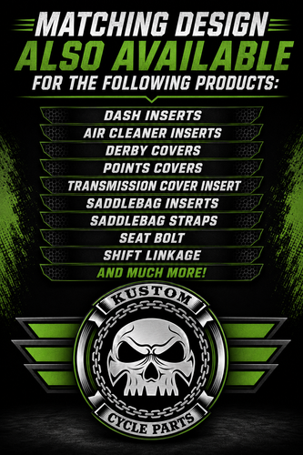Black Harley M8-branded box with “Matching Design Also Available” text, followed by green and black Kustom Cycle Parts logo.