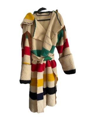 Vintage HUDSON BAY Point Blanket Wool Hooded Capote Coat Fringe