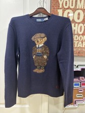 Polo Ralph Lauren Tweed Polo Bear Sweater M 100 Wool Navy 428 NWT