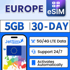 Europe eSIM 30 Days , 5GB High-Speed Data - JetSim Digital Travel SIM Card